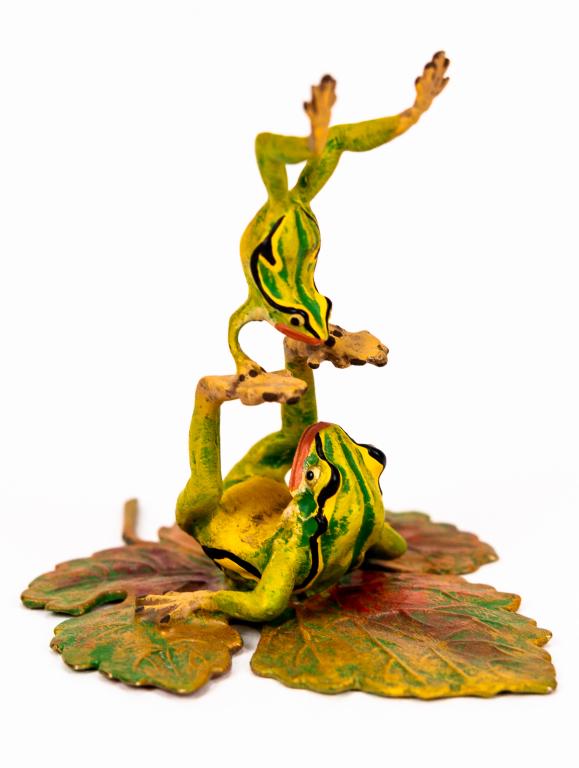 Vienna Cold Painted Bronze Gymnastic Frogs: Item/Description: Petri Bronzen Vienna cold painted bronze miniature figurine features two frogs doing gymnastics. Austrian cold painted bronze. Petri Bronzen was a Vienna based company and maker of f