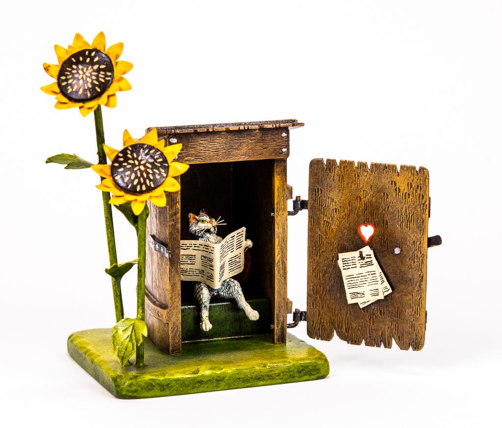 HH Franze Bergmann Vienna Cold Painted Bronze: Item/Description: Petri Bronzen Vienna cold painted bronze miniature figurine features a cat in an outhouse next to sunflowers. Austrian cold painted bronze sculpture. Signed with Franz Bergmann's mak