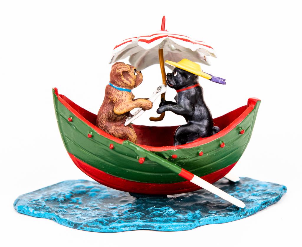 Vienna Cold Painted Bronze Dogs in Boat: Item/Description: Petri Bronzen Vienna cold painted bronze miniature figurine features two dogs in a boat, one reading Homer, the other wearing a hat and holding an umbrella. Austrian cold painted bro