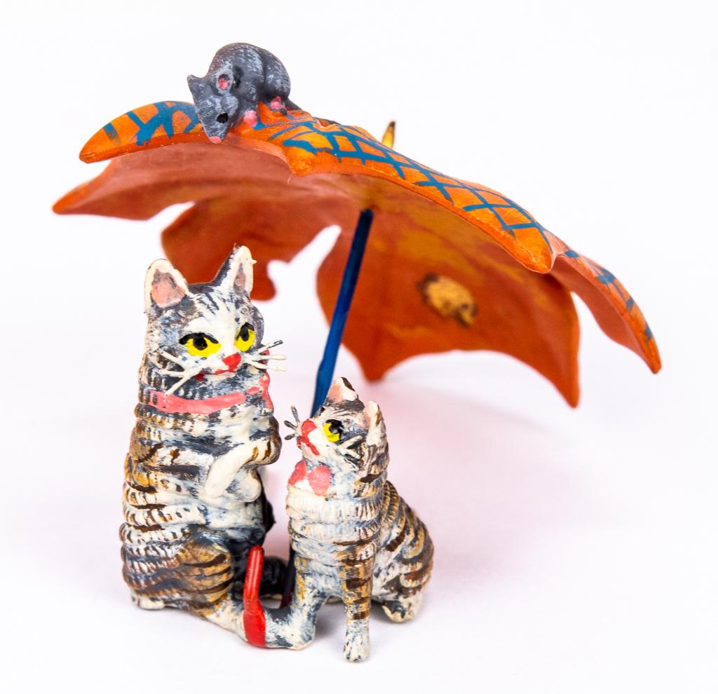 Vienna Cold Painted Bronze Cats with Umbrella: Item/Description: Petri Bronzen Vienna cold painted bronze miniature figurine features two cats under an umbrella, the little one looking up at a mouse. Austrian cold painted bronze sculpture. Petri B