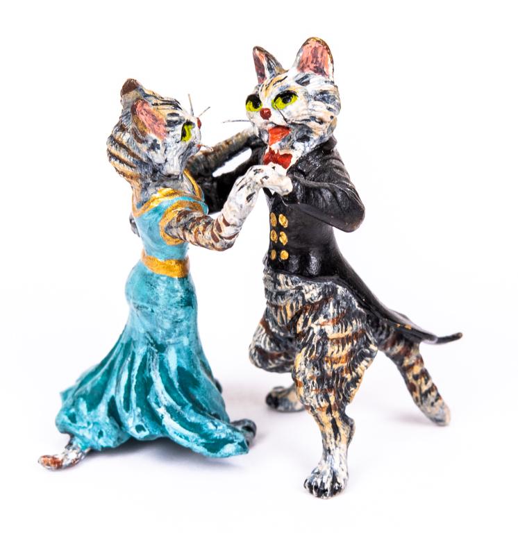 Vienna Cold Painted Bronze Ballroom Dancing Cats: Item/Description: Petri Bronzen Vienna cold painted bronze miniature figurine features formally dressed, ballroom dancing cat couple. Austrian cold painted bronze sculpture. Petri Bronzen was a Vienna