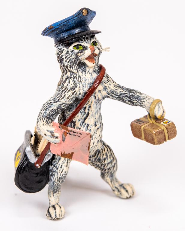 Vienna Cold Painted Bronze Cat Postman: Item/Description: Petri Bronzen Vienna cold painted bronze miniature figurine features cat dressed in mail delivery uniform, holding letter carrier bag and mail. Austrian cold painted bronze sculpture