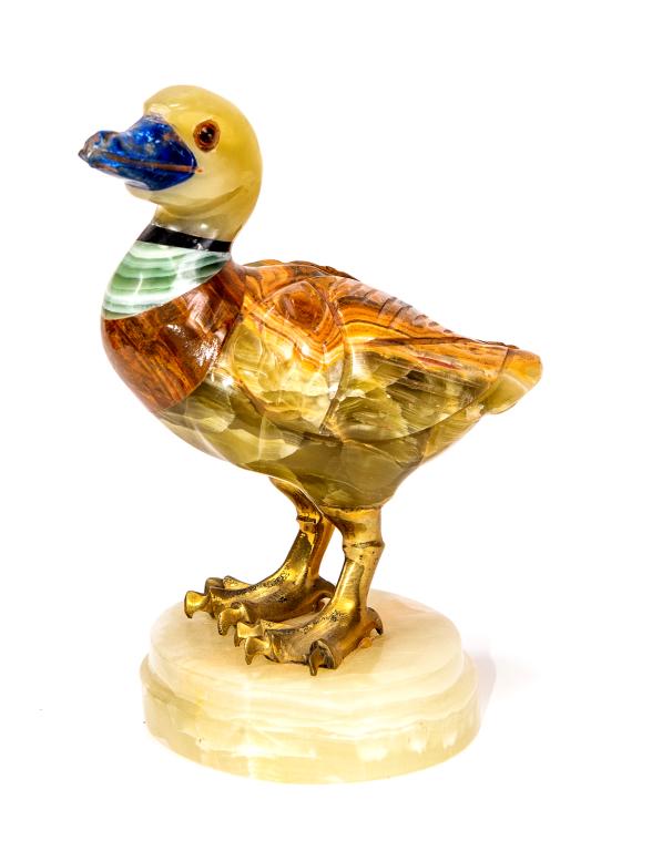 Hand Carved Gemstone Duck Sculpture: Item/Description: Duck figure in semi-precious stone and bronze. Material: Gemstone & Bronze Dimensions: Length: 4 1/4"; Width: 5"; Height: 6". Condition: Minor surface wear. Age: 20th Century. Proven