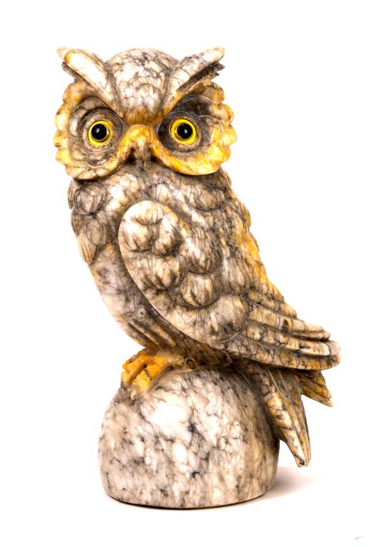 Carved Marble Owl Sculpture: Item/Description: Large owl figurine carved from marble. Glass eyes. Unknown artist. No noticeable signature or makers marks. Dimensions: Length: 6 1/4"; Width: 5 1/4"; Height: 11". Condition: Minor s