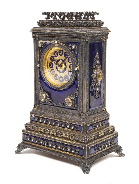 Gilt Bronze Cobalt Carriage Clock: Item/Description: French or Austrian enamel and jeweled carriage clock. Hinged rear door. Wind-up mechanism. Chased door and movement housing. Material: Gilt Bronze, Pearls, Citrines, Enamel. Dimensio