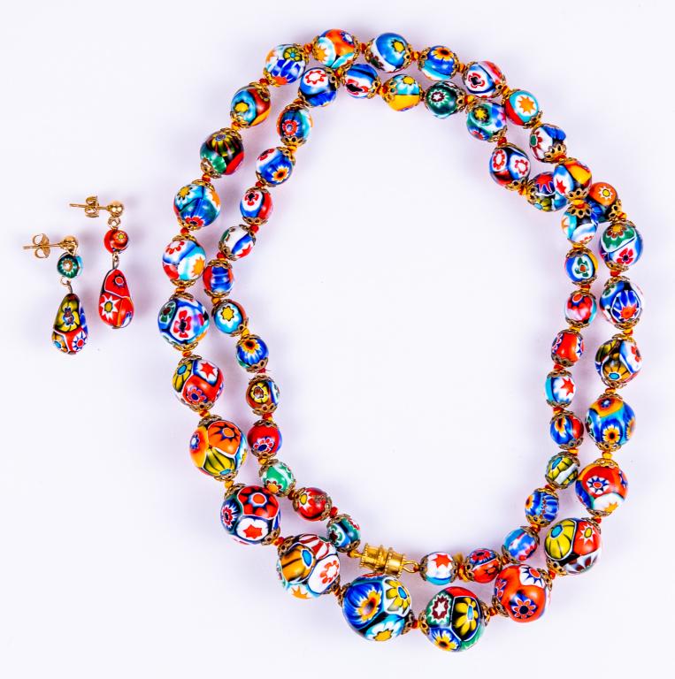 Vintage Millefiori Glass Bead Demi-Parure: Item/Description: Colorful, Italian Millefiori Necklace and Pierced Earring Set. Swirly, hand painted beads and matching pierced drop earrings. Necklace has barrel clasp twist closure. Earrings have s