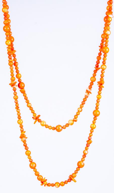 Designer Signed Zoe B. 14K Coral Bead Necklace: Item/Description: Lovely signed salmon pink coral rope necklace comprised of varying sizes of round beads interspersed with coral chips. Strung on coral colored silk or cotton thread.14K Gold lobster 