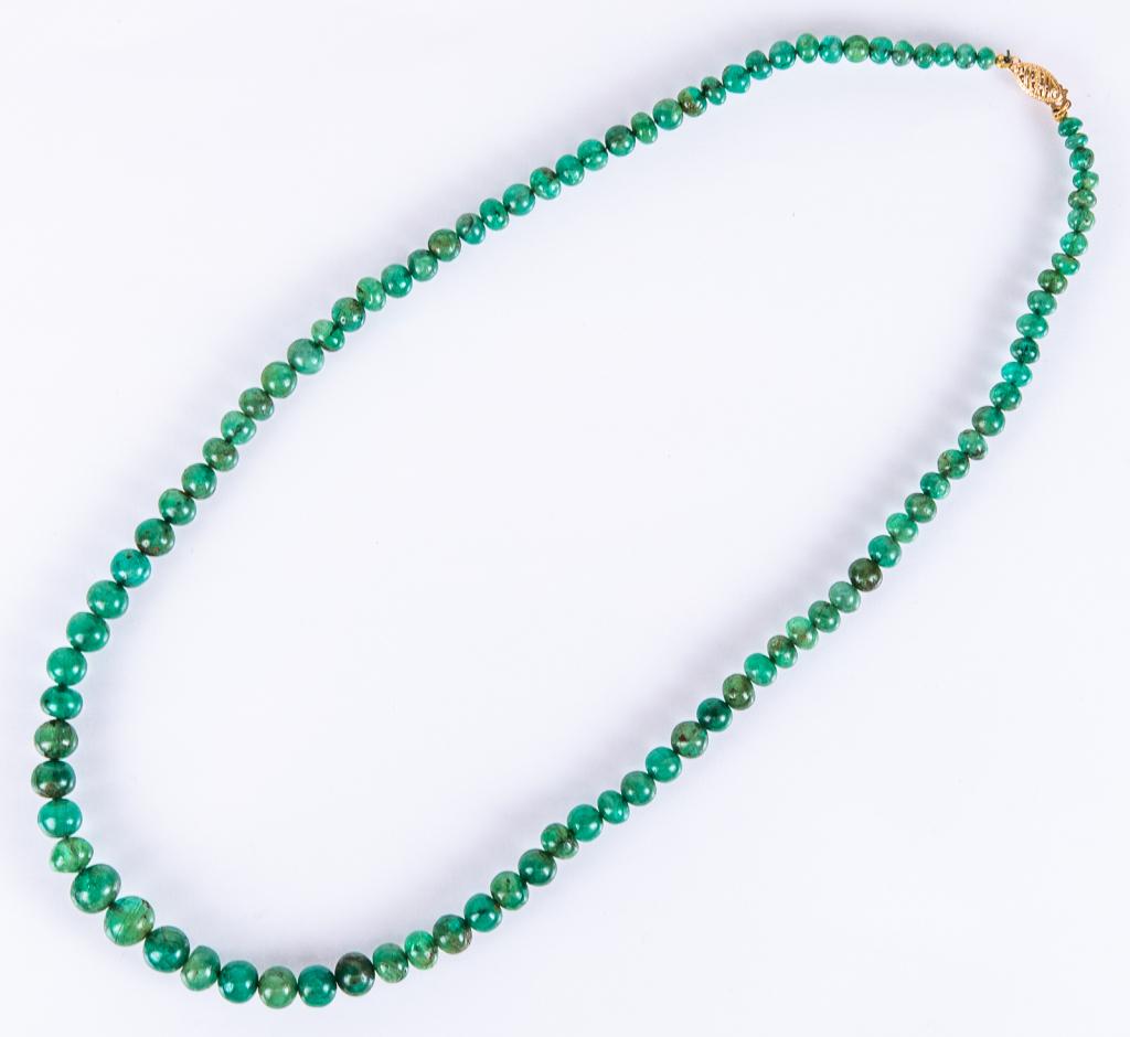 Antique 14K Gold Emerald Bead Necklace: Item/Description: Antique rope of graduated polished emerald beads from the collection of a Middle Eastern gem dealer. Gorgeous variations, natural inclusions give this strand depth and contrast. Stru