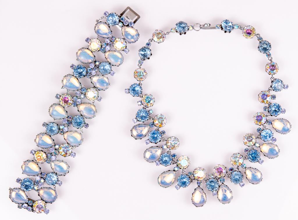 1950s Austrian Rhinestone & Moonstone Demi- Parure: Item/Description: Fabulous, dazzling choker and bracelet set in shades of blue, lavender and pink. The necklace is comprised of three staggered rows of round pink/yellow aurora borealis crystals; ice 