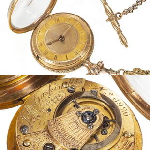 John Gaskin Dublin 18k Gold Pocket Watch: Item/Description: Antique John Gaskin Dublin 18k gold pocket watch. Fusee movement. Movement number 3926. Closed faced. Roman numeral dial. Key wind. Material: 18k gold case. Gold filled fob chain