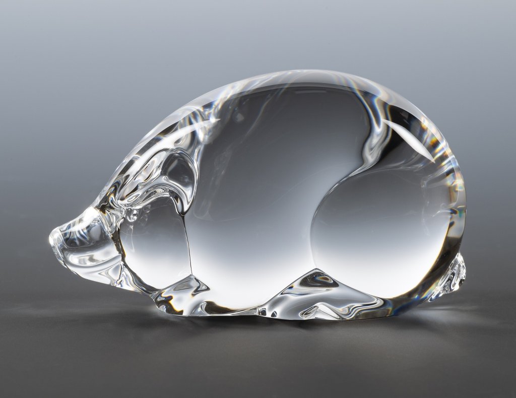 Steuben Glass Pig Sculpture / Hand Cooler: Item/Description: Art glass figure of a pig. Signed. (Crystal, Animal, Hog, Paperweight, Collectible) Material: Glass. Dimensions: Height: 1 3/4"; Width: 3". Condition: Minor surface wear. No noticeab