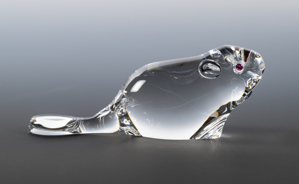 Steuben Crystal Beaver by Lloyd Atkins: Item/Description: Art Glass sculpture of a beaver with eyes of inset garnet. Signed. (Animal, Collectible, Paper weight) Material: Glass. Dimensions: Height: 2 1/2"; Width: 6". Condition: Minor surfac