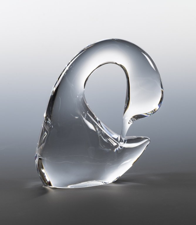Daum Crystal Swan Sculpture: Item/Description: Signed, clear art glass paperweight in the motif of an abstract swan. (France. Bird, Collectible) Material: Glass. Dimensions: Height: 4 3/4"; Width: 4". Condition: Minor surface wea