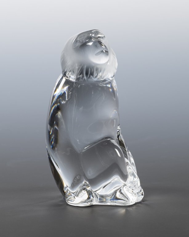 Baccarat France Clear Art Glass Monkey: Item/Description: Signed crystal monkey figurine with frosted face. Signed on side, makers mark on bottom. Material: Glass. Dimensions: Height: 3"; Width: 2". Condition: Minor surface wear. No noticea