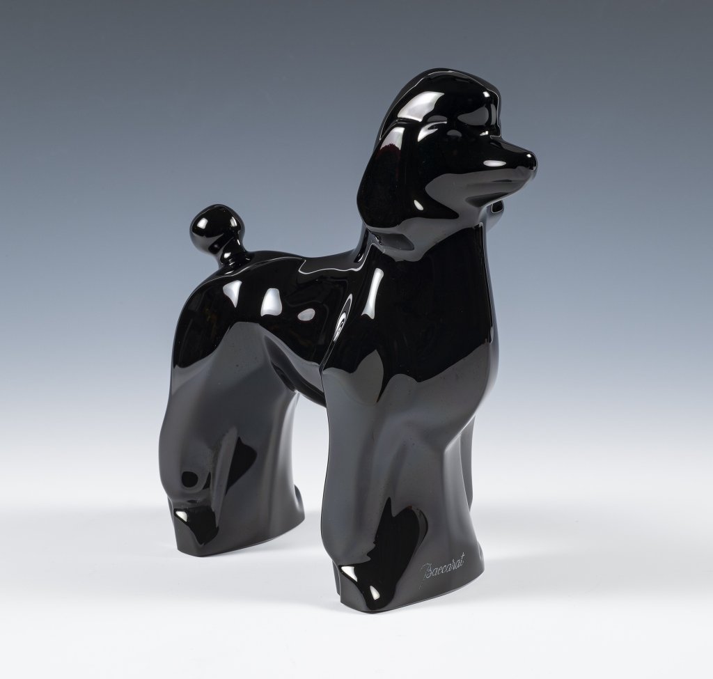 Baccarat Black Glass Poodle Sculpture: Item/Description: Signed Baccarat art glass figurine of a poodle. (Dog, Collectible) Material: Glass. Dimensions: Height: 5"; Width: 4 1/2". Condition: Minor surface wear. No noticeable chips or crack