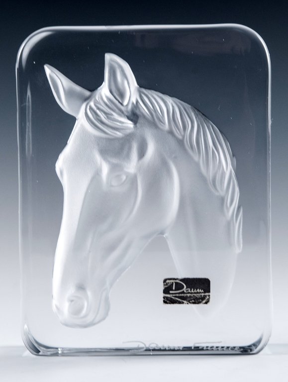 Daum Crystal Horse Paperweight: Item/Description: Clear and frosted glass block carved horse head sculpture. Signed and labeled Daum France. (Equestrian, Collectible, Relief) Material: Glass. Dimensions: Height: 4 3/4"; Width: 3 1/2
