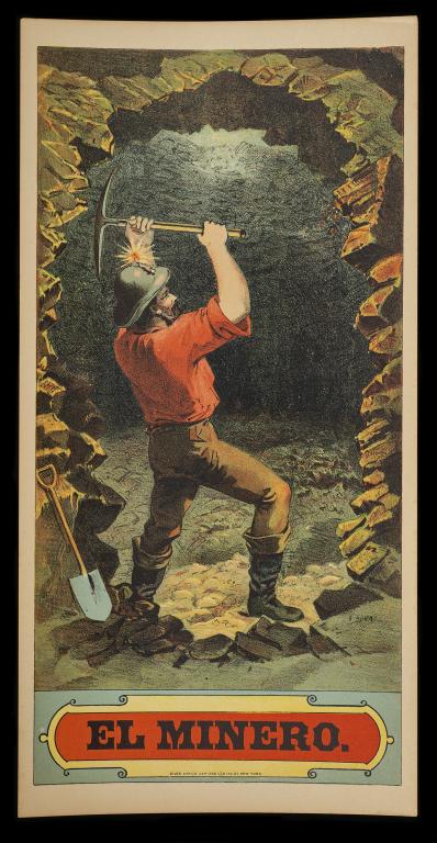 Antique "El Minero" Tobacco Caddy Label: Item/Description: El Minero brand antique tobacco caddy label. Reads: El Minero / Giles Lith Co.224-228 Centre St. New York. Depicts an image of a miner wearing a head lamp in tunnel, Mid swing with h