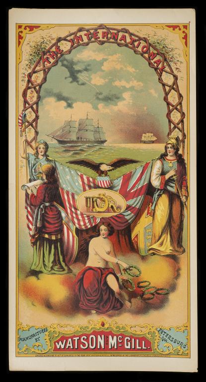 Watson & McGill "The International" Tobacco Label: Item/Description: Watson & McGill brand antique tobacco caddy label. Reads: The International / Manufactured by / Watson & McGill / Petersburg VA. / Entered According to Act of Congress in the Year 18