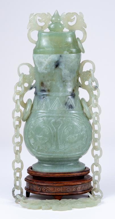 Antique Carved Jade Lidded Vase w Ring Chain (1 of 6)