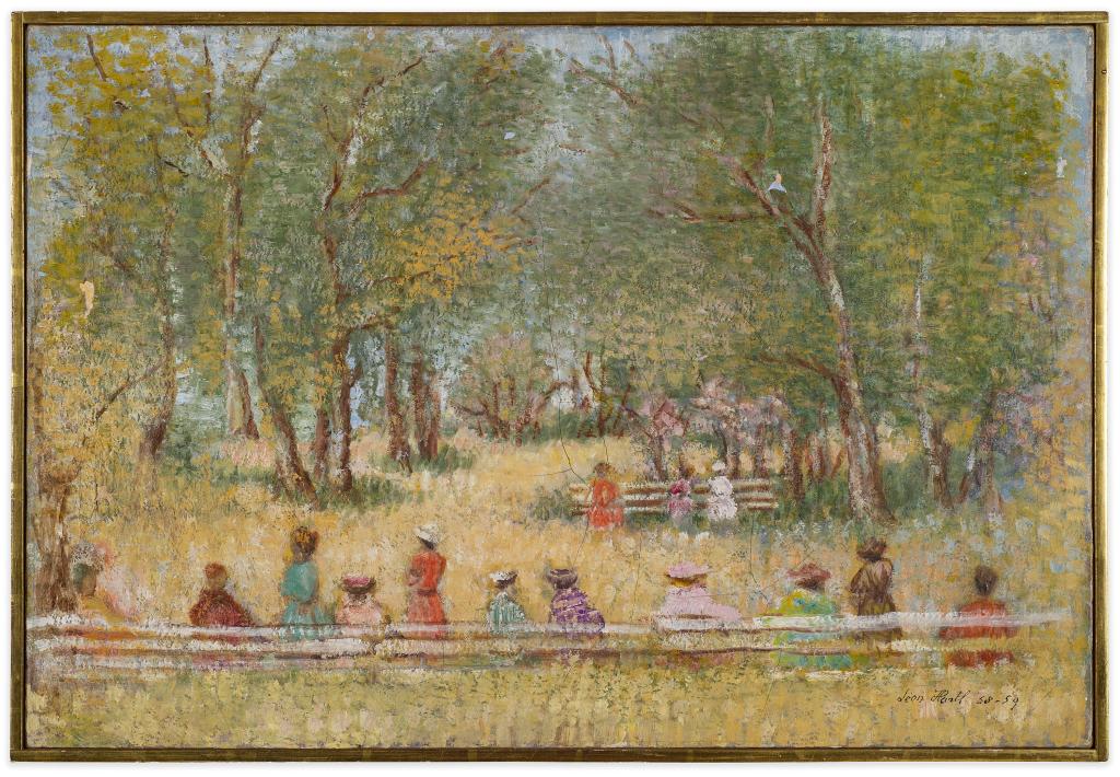 Leon Hartl (1889-1973) Park Scene Oil on Canvas: Item/Description: Idyllic rendering of women on park benches in colorful period dresses and hats. Pointillist, Suerrat-like. Soft pastel hues. Signed by artist lower right: Leon Hartl 58-59. Wooden gu