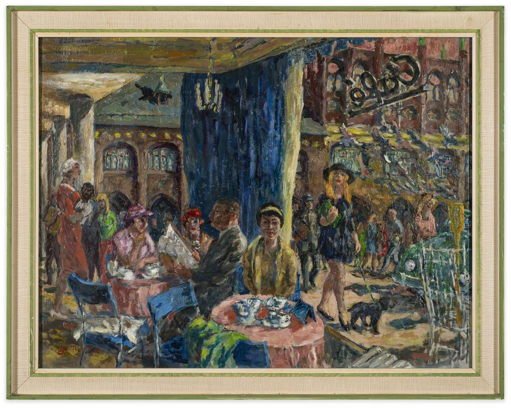 Signed European Cafe Scene Oil on Canvas (1 of 5)