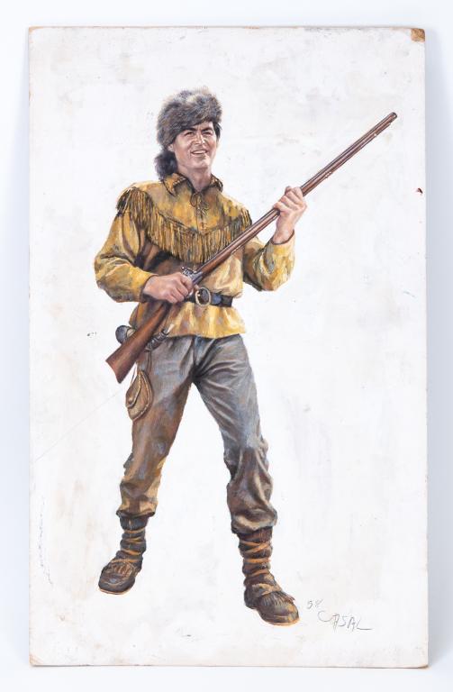 Daniel Boone Portrait Signed Casal, Oil on Board: Item/Description: Fantastic oil on board portrait of Daniel Boone (played by the actor Fess Parker, who also played Davy Crockett in the popular 1950s TV series ) posing with gun in hand and iconic ra