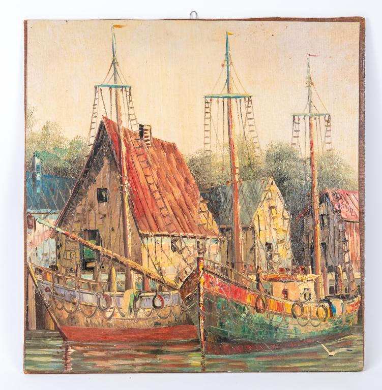 Casal - Docked Boats Oil on Canvas: Item/Description: Vibrant oil on canvas (adhered to board) rendering of docked, tall-masted boats in a village setting. Masterful use of color and light. Artist signed and dated diagonally on right si
