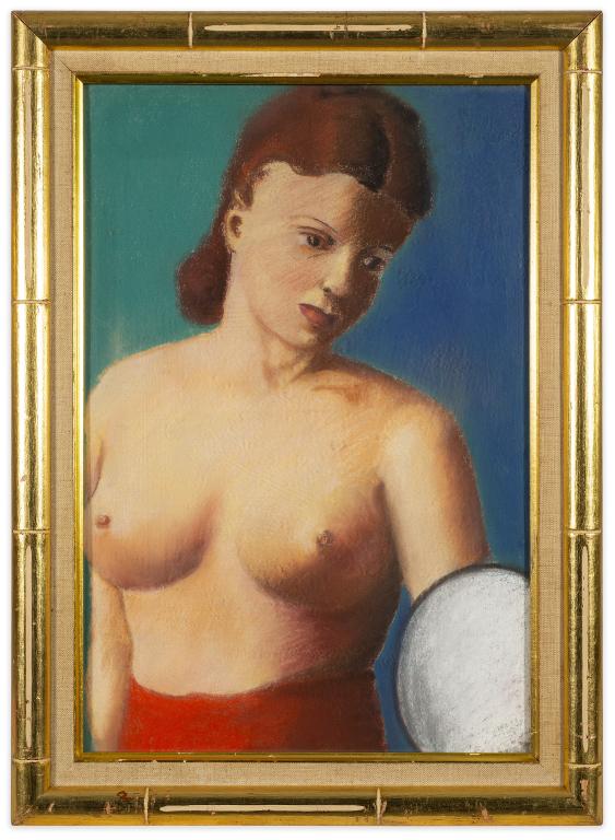 Nude Pastel on Board Framed - Signed KIM: Item/Description: Somber pastel on board drawing of redhead nude surveying her reflection in a hand mirror. Vivid colors. Artist signed and dated lower right beneath frame: KIM '67. Period Gilt wood /