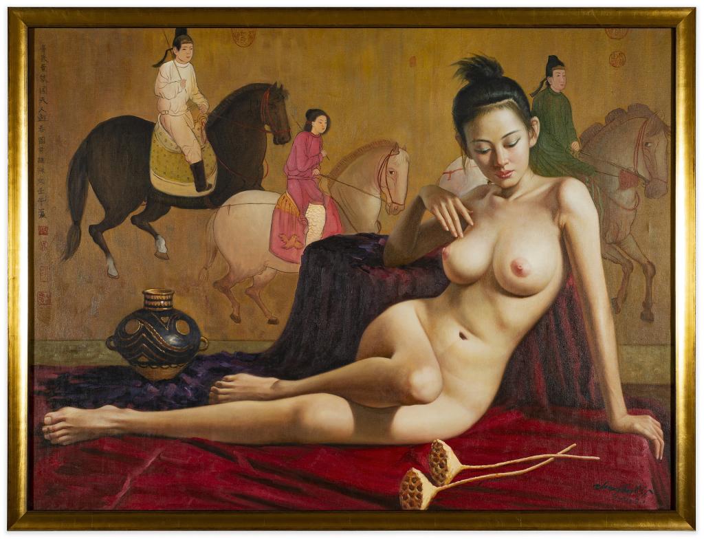 Large Chinese Signed Nude Figural Oil Painting: Item/Description: Oil painting features reclining nude figure. Marked on front with black ink Asian characters and red seal stamps. Signed on front lower right and on back of canvas. Signature reads i