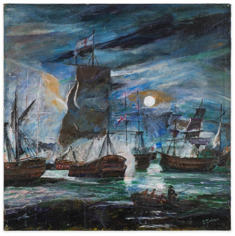 P. Dubois Seascape Under Moonlight Sky 0/C: Item/Description: Dramatic, signed oil on canvas of masted ships flying the English and French flags by French artist, P. Dubois. Material: Oil on canvas. Signed by the artist lower right: P. Dubois. 