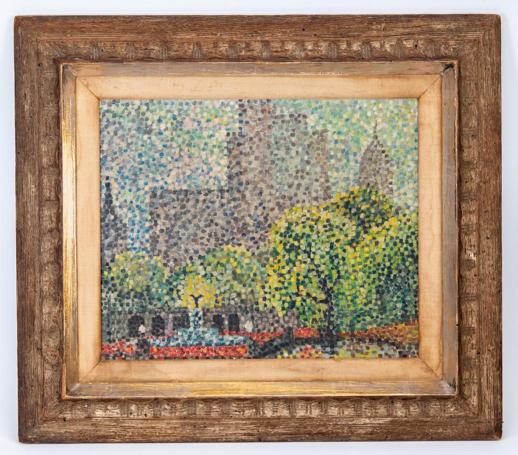 Impressionist NYC Landscape in Heydenryk Frame: Item/Description: Heydenryk framed, Pointillism New York City park landscape oil painting on canvas. No noticeable signature on canvas. Label adhered to back is partially torn away. Reads in part: Sut