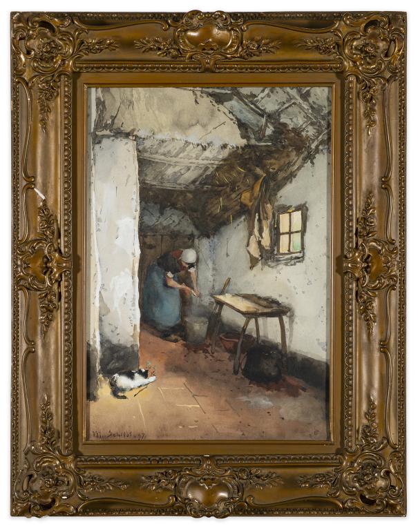 Martinus Schildt, 19th C. Watercolor-Village Woman: Item/Description: 19th Century signed watercolor by Dutch artist, Martinus (Martin) Schildt. Somber depiction of kerchiefed village woman in period clothing bending over a bucket. Cat in the corner wi