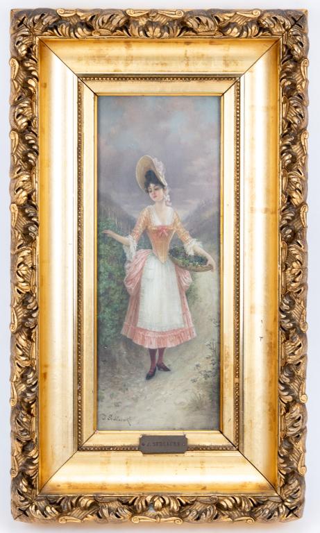 After Joseph Sedlacek (1789 - 1845) Picking Fruit: Item/Description: Early 19th Century oil on board portrait painting depicts a demure country beauty in period clothing and bonnet holding a basket of mulberries. Ornate gilt wood frame with beaded dec