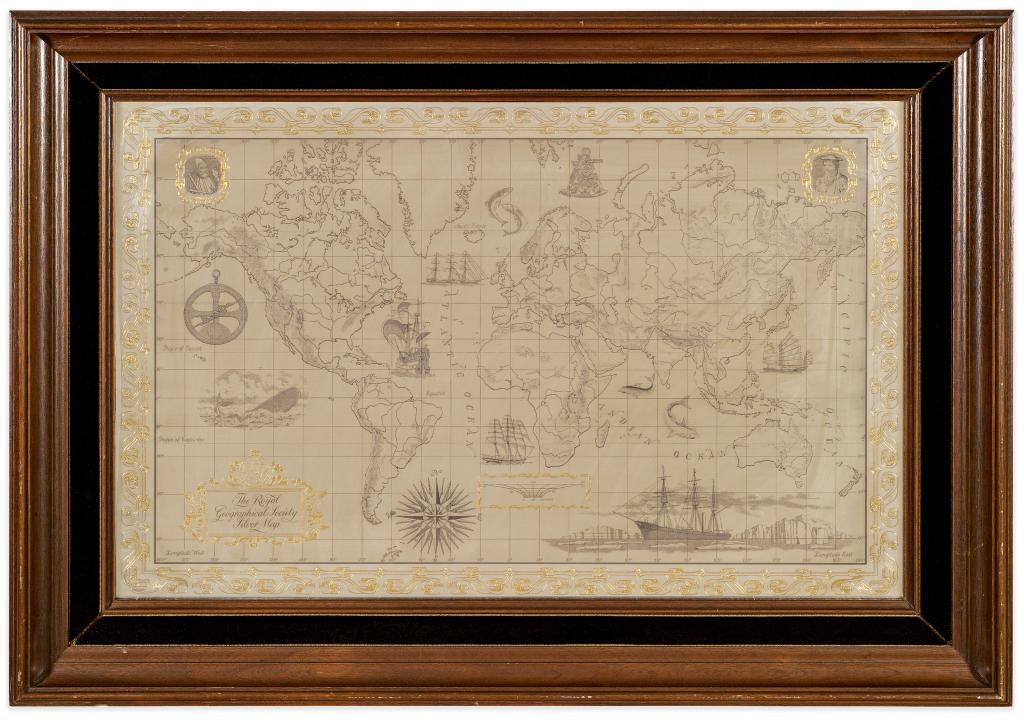 The Royal Geographical Society Sterling Silver Map 1976: Item/Description: Limited edition framed silver map of the world by Franklin Mint, 1976. The Royal Geographical Society Silver Map, a map of the world, etched in sterling silver and decorated with 24-