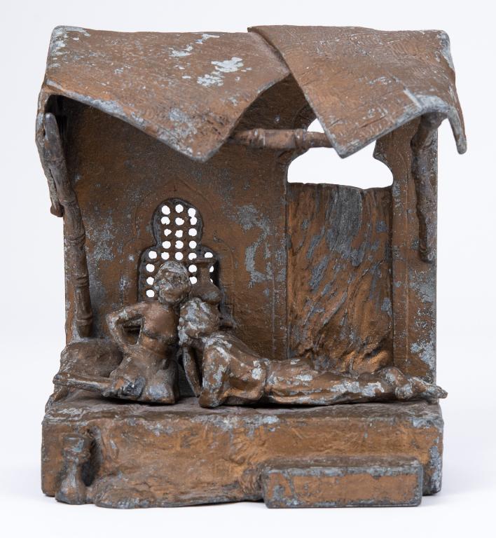 Austrian Orientalist Cold Painted Harem Scene: Item/Description: Austrian cold painted Orientalist sculpture depicts a Middle Eastern harem scene. In the style of works by Franz Bergman. A couple in period clothing engaged in an intimate conversat