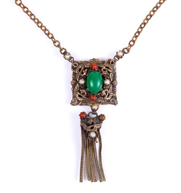 Victorian Revival Dragon Griffin Lavaliere: Item/Description: Gothic Victorian Revival/Renaissance Revival brass lavaliere necklace. Embossed link chain attaches to a high relief square panel decorated with figural dragons/griffins in open pier