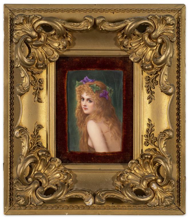 Gilt Framed German Porcelain Portrait Nude: Item/Description: Portrait painting on porcelain tile. Features Rautendelein, from The Sunken Bell, a drama by the German writer Gerhart Hauptmann. Ornate gilt frame with velvet mat. Unknown artist, n