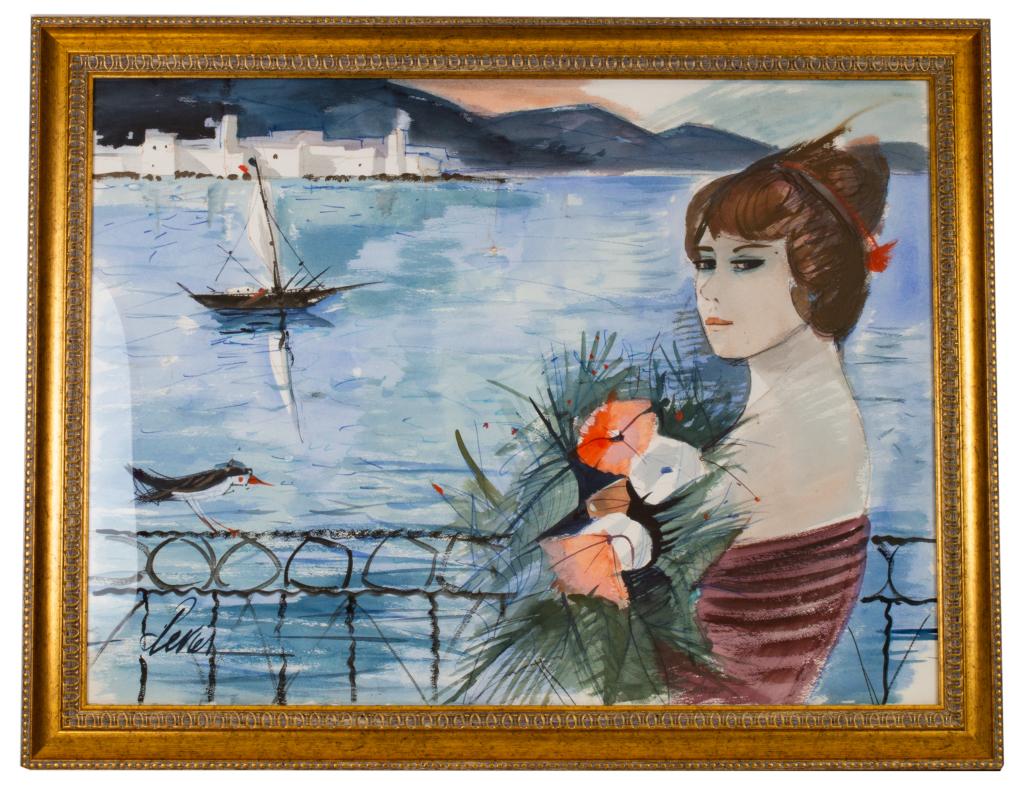 Charles Levier (1920-2003) Woman with Flowers W/C: Item/Description: Rare, watercolor gouache by renowned French artist, Charles Levier depicts a beautiful woman holding a bouquet of flowers. She stands at railing overlooking an ocean inlet: a sea bir