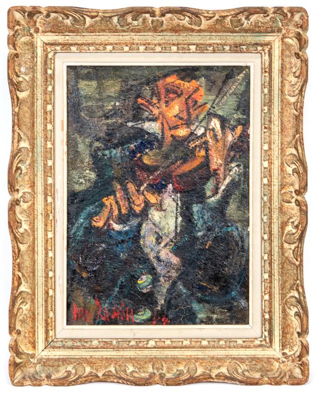 Signed Mid Century Oil Painting, Violinist: Item/Description: Jan Raskin original oil painting features a musician. Signed lower left. Antique carved frame. Material: Oil on canvas Dimensions: Image size: Height: 17 1/2"; Width: 12 1/4". Framed