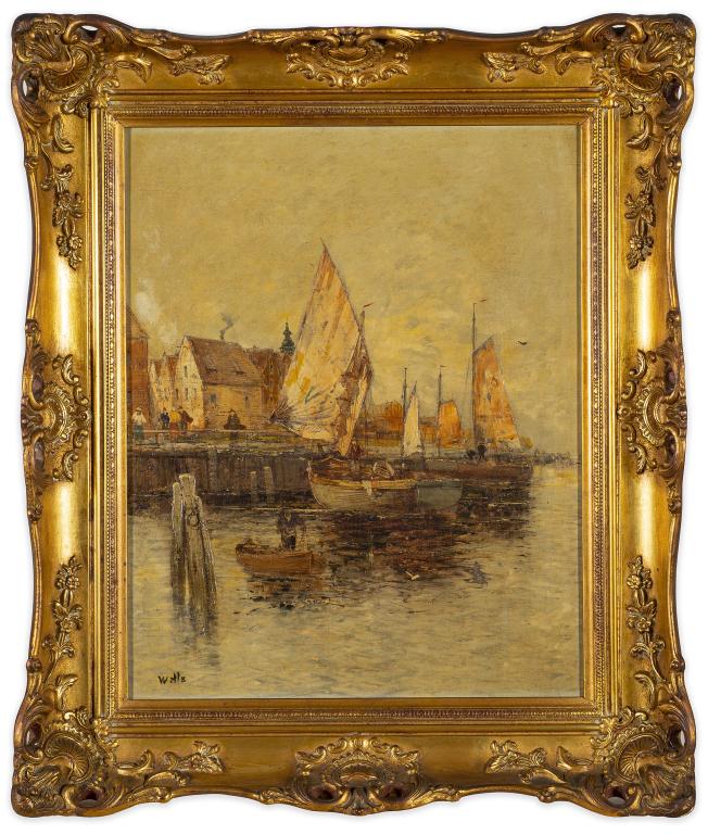 Harbor Scene Oil Painting, Signed Wells (1 of 6)
