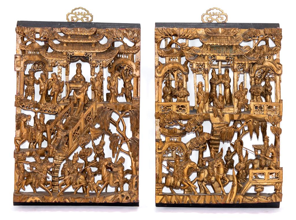 Pair Chinese Gilt Wood Panels w Warriors (1 of 9)