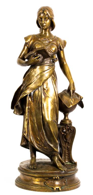 Henri Louis LeVasseur Bronze Sculpture "Science": Item/Description: Gilt bronze sculpture of a woman with book and globe. Titled: Science, the base signed: H. Levasseur. Henri Louis Levasseur (French, 1853-1934) was a French sculptor best known for h