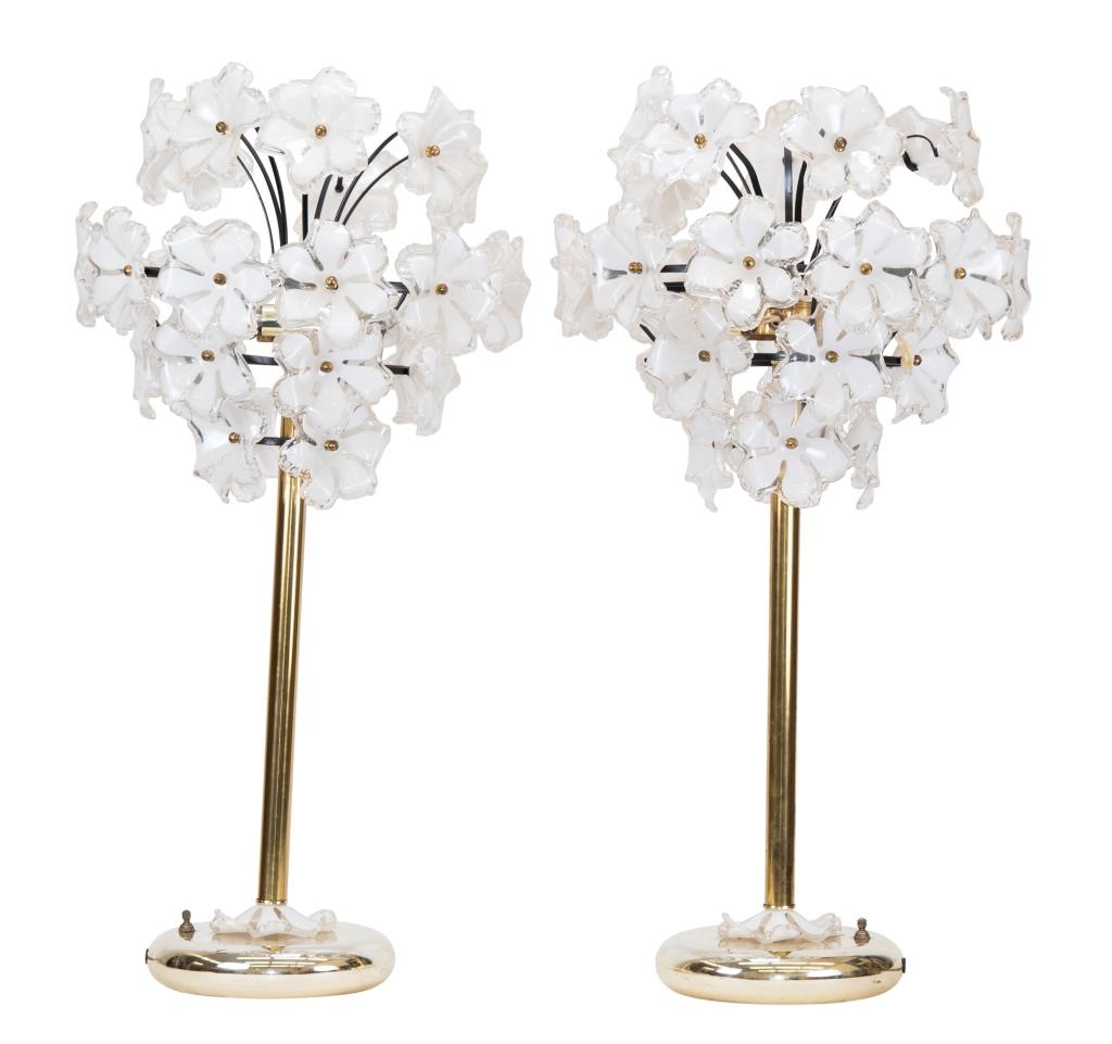 Mid Century Modern Daisy Lamps Pair: Item/Description: One-of-a-Kind pair of lamps! Mod, Space Age design. Floral clouds of acrylic daisies or gerber's riveted onto curved metal stalks and rings. Brass colored metal stem and base with fl