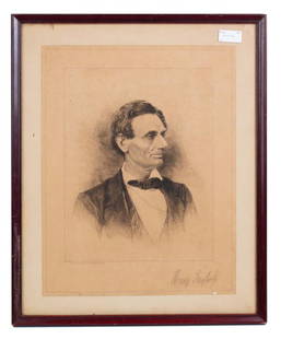 Pencil Signed Etching of Abraham Lincoln: Item/Description: President Abraham Lincoln portrait by Henry Taylor, Jr. (American, 19th Century). Signed in pencil lower right: Henry Taylor Jr. In plate lower left: 1895 by Lewis Publishing Co.