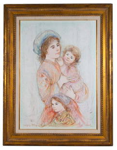 Edna Hibel Mother and Child Oil: Item/Description: Signed, embellished oil painting lithograph by American artist Edna Hibel. Written across bottom: "unique lithograph and oil / Hibel". Image features a mother with two children. Sign