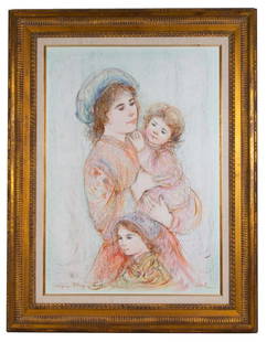 Edna Hibel Mother and Child Oil: Item/Description: Signed, embellished oil painting lithograph by American artist Edna Hibel. Written across bottom: "unique lithograph and oil / Hibel". Image features a mother with two children.