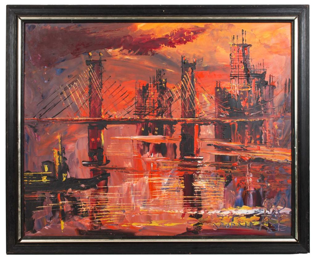Morris Katz Bridge Cityscape Oil Painting (1 of 8)