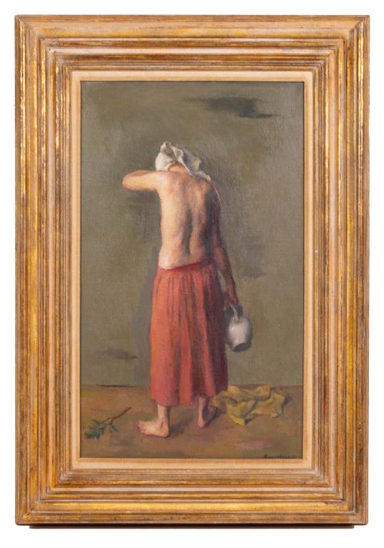 Robert Brackman (American, 1898-1980) Portrait: Item/Description: Figural study features a partially nude female in a red skirt holding a pitcher. Signed lower right: Brackman. Titled and signed by the artist on verso reading in part: Figure in Som