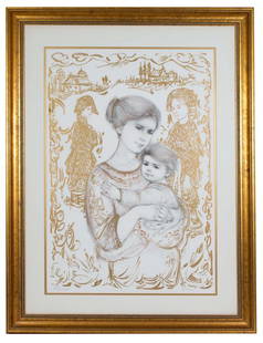 Edna Hibel Signed Lithograph Mother and Child: Item/Description: Limited edition lithograph by American artist Edna Hibil. Image features mother and child. Pencil numbered: XVII 18 / 25 ed 352 and signed Hibel across bottom. (Nancy and Megan)Edna