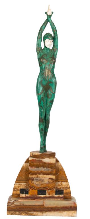 After D.H. Chiparus Bronze Starfish Dancer: Item/Description: Egyptian style dancer "Starfish" bronze sculpture after Dimitri Chiparus with an art deco form onyx base, Signed on base DH Chiparus. Demetre Haralamb Chiparus (also known as Dumitru